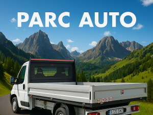 Autoutilitara Fiat Ducato de culoare alba , pe care sa scrie textul: 'Ovi Trans ' , cu usile din spate deschise , iar in spatele ei se vede cum un stivuitor incarca un palet cu marfa